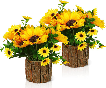 Artificial Flowers Fake Silk Sunflower Flower in Planters, Yellow | Flower Vase Small Rustic Potted Flower Arrangements Artificial for Home Outdoors Tabletop Decor Set of 2