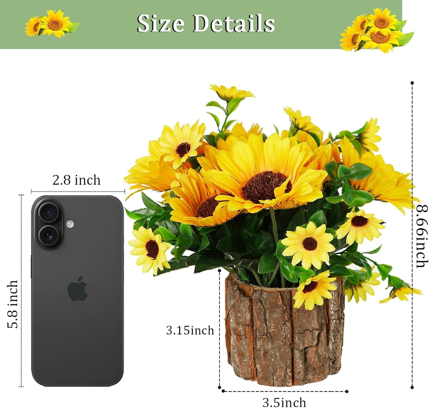 Artificial Flowers Fake Silk Sunflower Flower in Planters, Yellow | Flower Vase Small Rustic Potted Flower Arrangements Artificial for Home Outdoors Tabletop Decor Set of 2