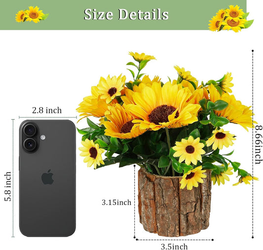 Artificial Flowers Fake Silk Sunflower Flower in Planters, Yellow | Flower Vase Small Rustic Potted Flower Arrangements Artificial for Home Outdoors Tabletop Decor Set of 2