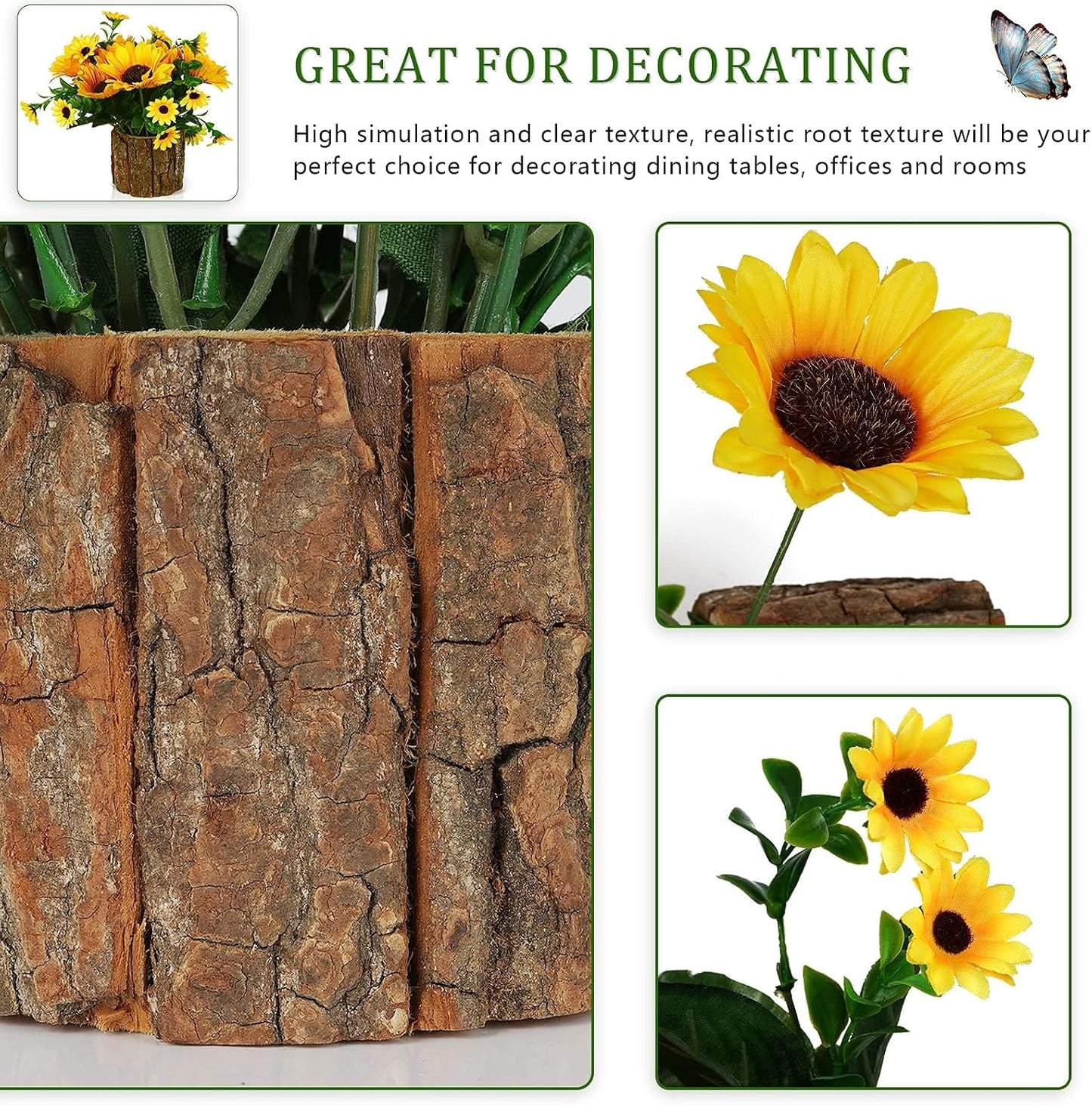 Artificial Flowers Fake Silk Sunflower Flower in Planters, Yellow | Flower Vase Small Rustic Potted Flower Arrangements Artificial for Home Outdoors Tabletop Decor Set of 2