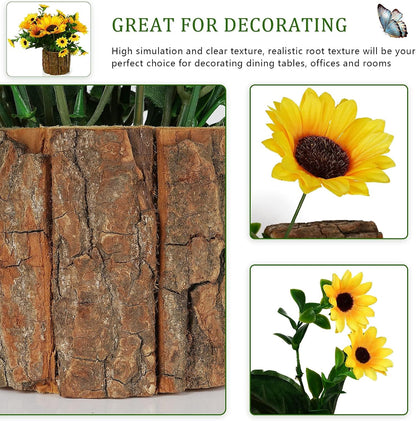 Artificial Flowers Fake Silk Sunflower Flower in Planters, Yellow | Flower Vase Small Rustic Potted Flower Arrangements Artificial for Home Outdoors Tabletop Decor Set of 2
