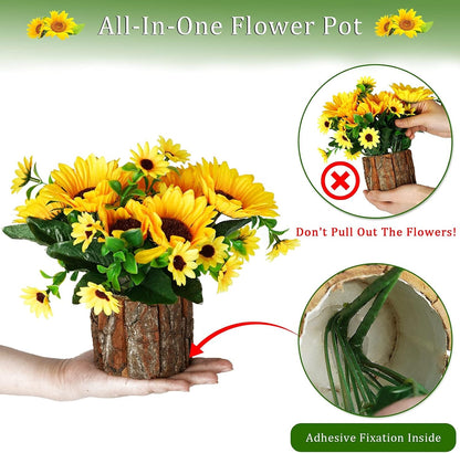 Artificial Flowers Fake Silk Sunflower Flower in Planters, Yellow | Flower Vase Small Rustic Potted Flower Arrangements Artificial for Home Outdoors Tabletop Decor Set of 2
