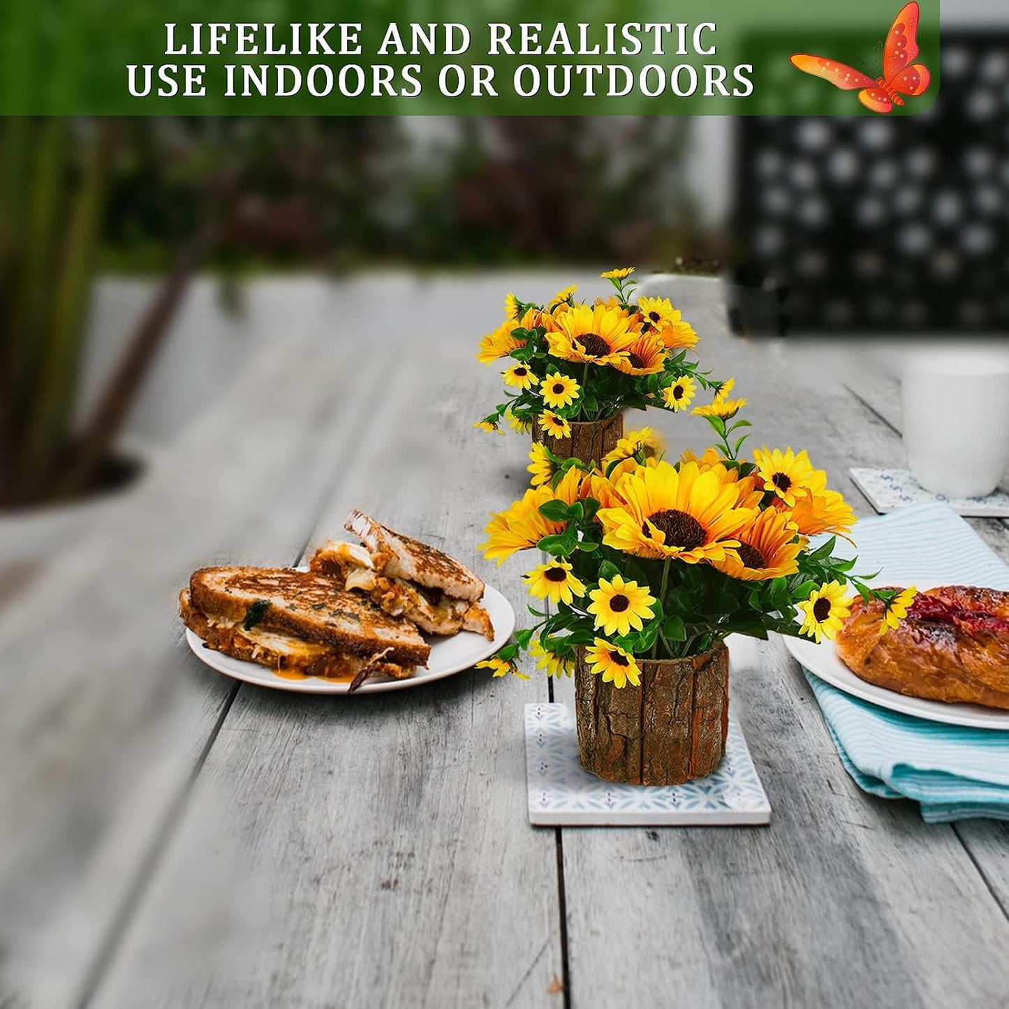 Artificial Flowers Fake Silk Sunflower Flower in Planters, Yellow | Flower Vase Small Rustic Potted Flower Arrangements Artificial for Home Outdoors Tabletop Decor Set of 2