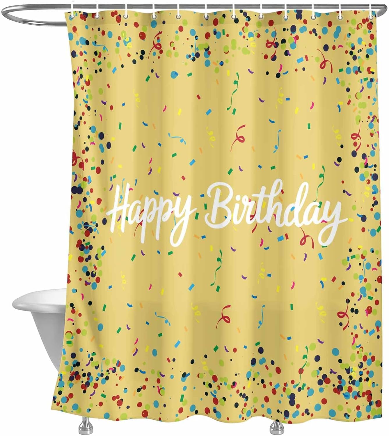 Happy Birthday Shower Curtain Polka Dot Ribbon Celebration Yellow Shower Curtain with Hooks for Bathroom Bathtub Decor Waterproof Fabric Bath Curtains Set Small Stall 72" x 72"