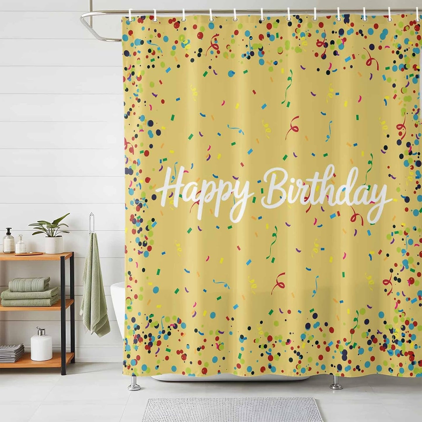 Happy Birthday Shower Curtain Polka Dot Ribbon Celebration Yellow Shower Curtain with Hooks for Bathroom Bathtub Decor Waterproof Fabric Bath Curtains Set Small Stall 72" x 72"