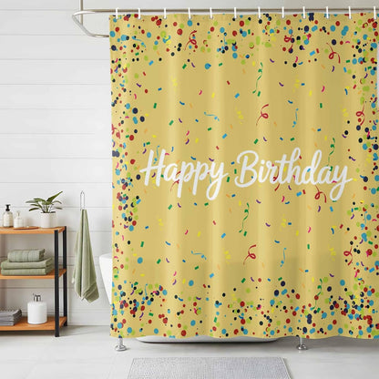 Happy Birthday Shower Curtain Polka Dot Ribbon Celebration Yellow Shower Curtain with Hooks for Bathroom Bathtub Decor Waterproof Fabric Bath Curtains Set Small Stall 72" x 72"