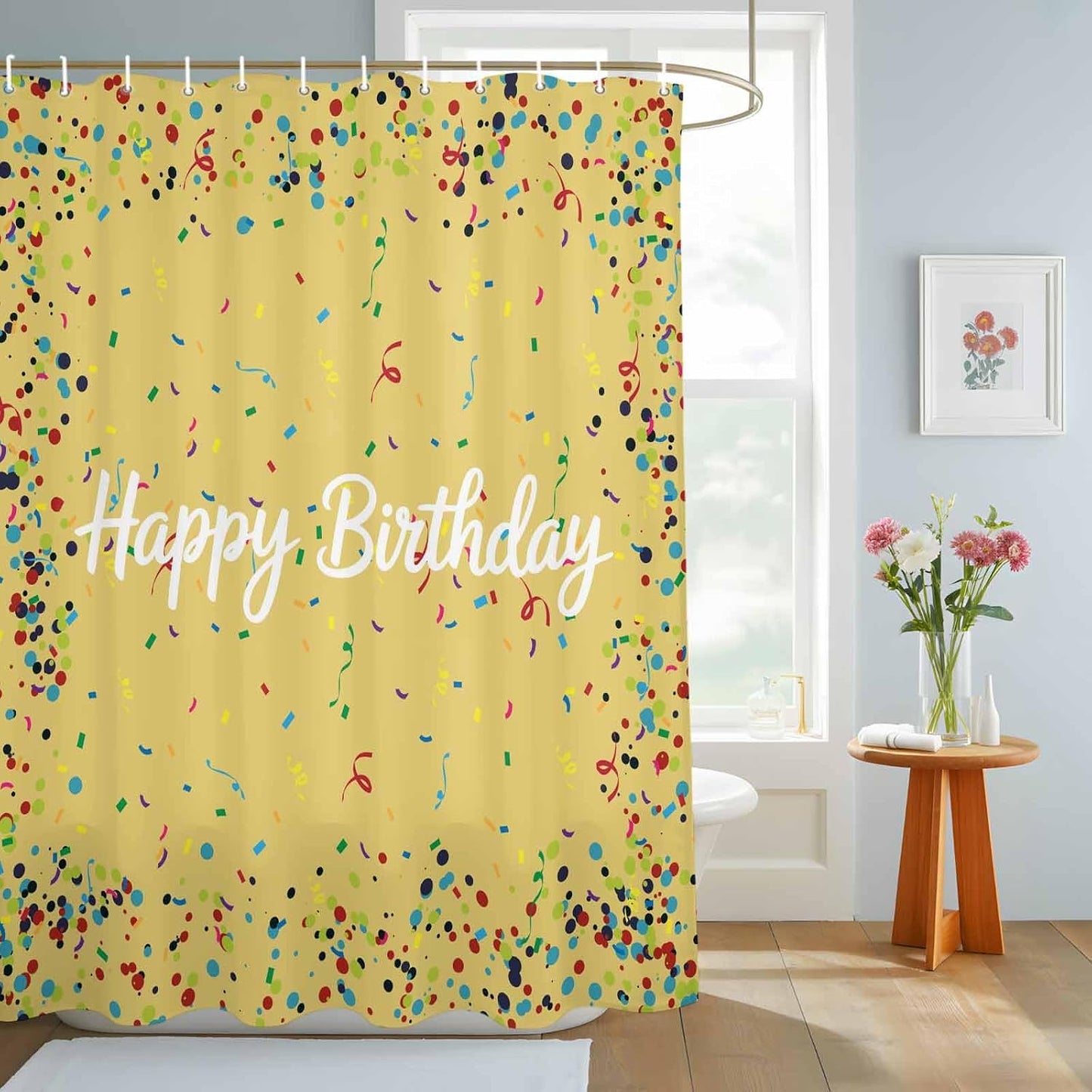 Happy Birthday Shower Curtain Polka Dot Ribbon Celebration Yellow Shower Curtain with Hooks for Bathroom Bathtub Decor Waterproof Fabric Bath Curtains Set Small Stall 72" x 72"