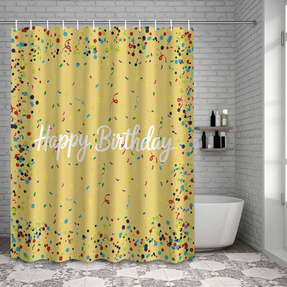 Happy Birthday Shower Curtain Polka Dot Ribbon Celebration Yellow Shower Curtain with Hooks for Bathroom Bathtub Decor Waterproof Fabric Bath Curtains Set Small Stall 72" x 72"
