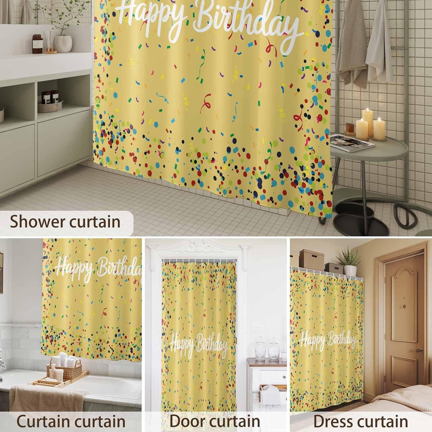 Happy Birthday Shower Curtain Polka Dot Ribbon Celebration Yellow Shower Curtain with Hooks for Bathroom Bathtub Decor Waterproof Fabric Bath Curtains Set Small Stall 72" x 72"
