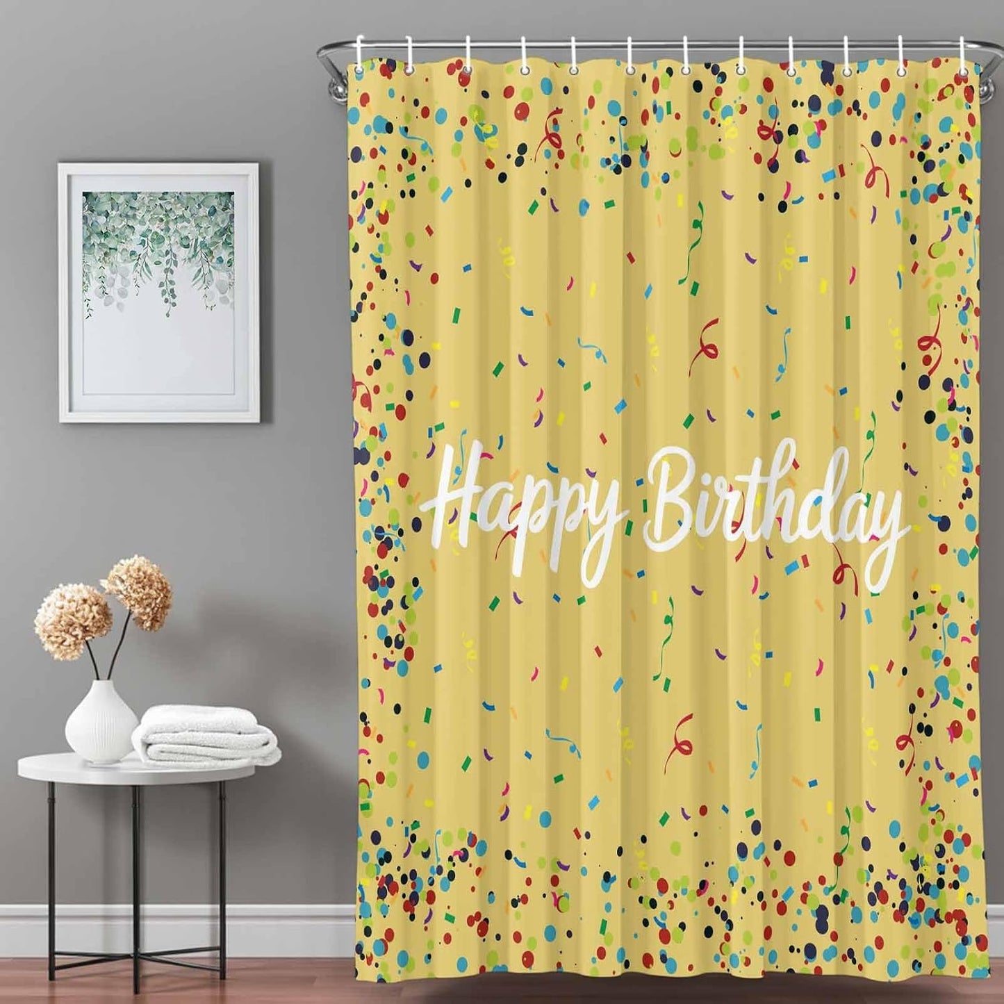 Happy Birthday Shower Curtain Polka Dot Ribbon Celebration Yellow Shower Curtain with Hooks for Bathroom Bathtub Decor Waterproof Fabric Bath Curtains Set Small Stall 72" x 72"
