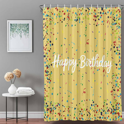 Happy Birthday Shower Curtain Polka Dot Ribbon Celebration Yellow Shower Curtain with Hooks for Bathroom Bathtub Decor Waterproof Fabric Bath Curtains Set Small Stall 72" x 72"