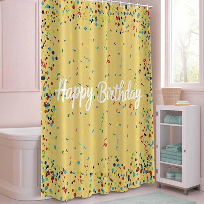Happy Birthday Shower Curtain Polka Dot Ribbon Celebration Yellow Shower Curtain with Hooks for Bathroom Bathtub Decor Waterproof Fabric Bath Curtains Set Small Stall 72" x 72"