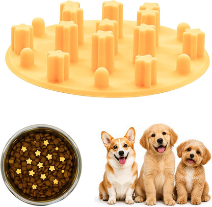 Slow Feeder Insert for Cat and Dog Bowls, Medium 4.8 Inch, Yellow | Soft Silicone with 19 Suction Cups, Removable for Easy Cleaning and Best on Smooth, Flat-Bottom Surfaces