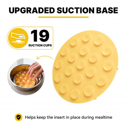 Slow Feeder Insert for Cat and Dog Bowls, Medium 4.8 Inch, Yellow | Soft Silicone with 19 Suction Cups, Removable for Easy Cleaning and Best on Smooth, Flat-Bottom Surfaces