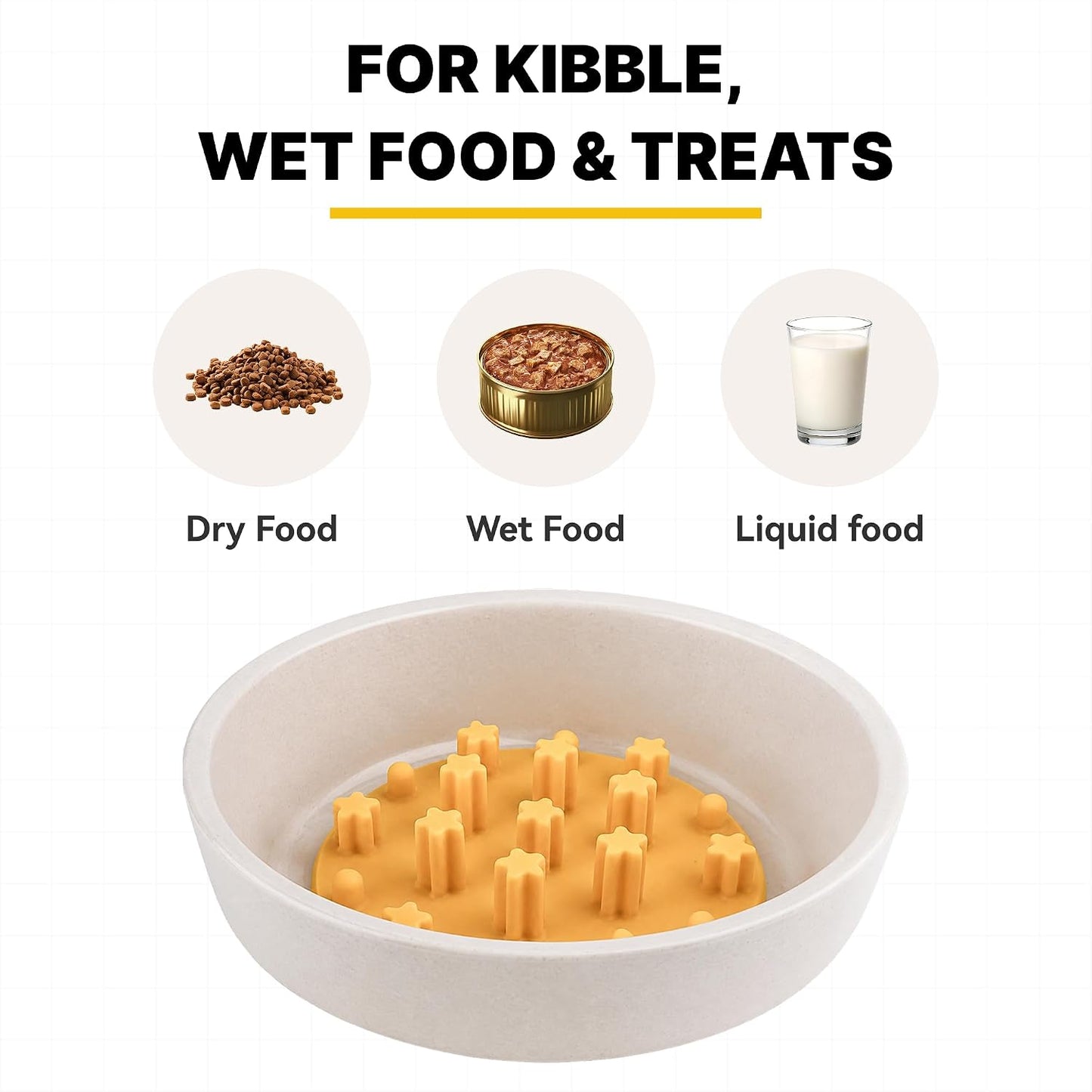 Slow Feeder Insert for Cat and Dog Bowls, Medium 4.8 Inch, Yellow | Soft Silicone with 19 Suction Cups, Removable for Easy Cleaning and Best on Smooth, Flat-Bottom Surfaces
