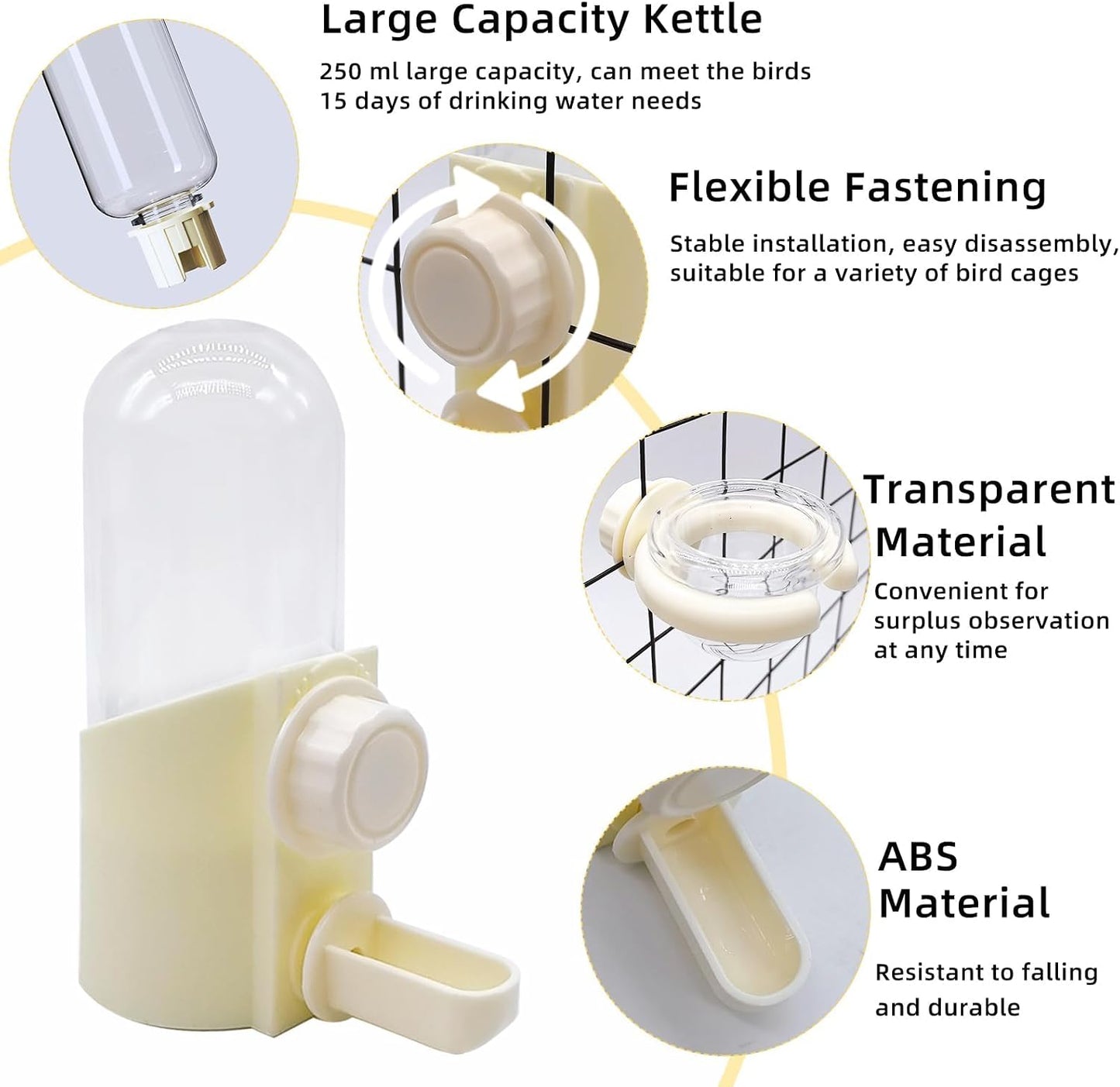 Bird Water Dispenser Bird Cage Feeder Accessories for Parakeet(3Pcs) | Plastic,Yellow,Automatic,Installation,Washable,Detachable,with two bird feeders,for Parrots, Cockatiels, Finches, Budgies