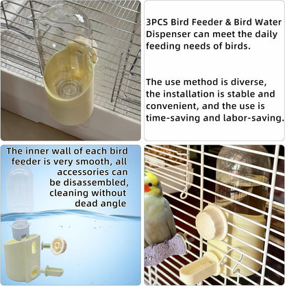 Bird Water Dispenser Bird Cage Feeder Accessories for Parakeet(3Pcs) | Plastic,Yellow,Automatic,Installation,Washable,Detachable,with two bird feeders,for Parrots, Cockatiels, Finches, Budgies