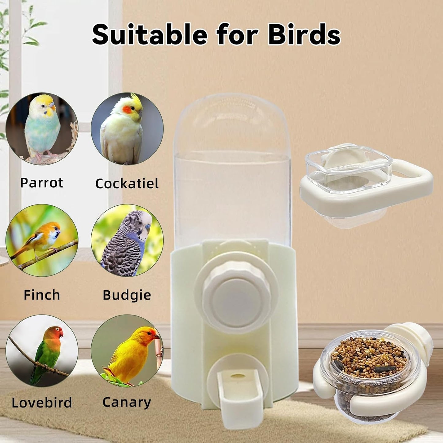 Bird Water Dispenser Bird Cage Feeder Accessories for Parakeet(3Pcs) | Plastic,Yellow,Automatic,Installation,Washable,Detachable,with two bird feeders,for Parrots, Cockatiels, Finches, Budgies