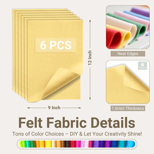 Pastel Yellow Soft Felt Sheets for Crafts, 9" x 12", 1.6mm Thick, 6 Pcs | Premium Felt Fabric for Sewing, Kids' Crafts, DIY Projects, Embroidery, School & Home Art Supplies