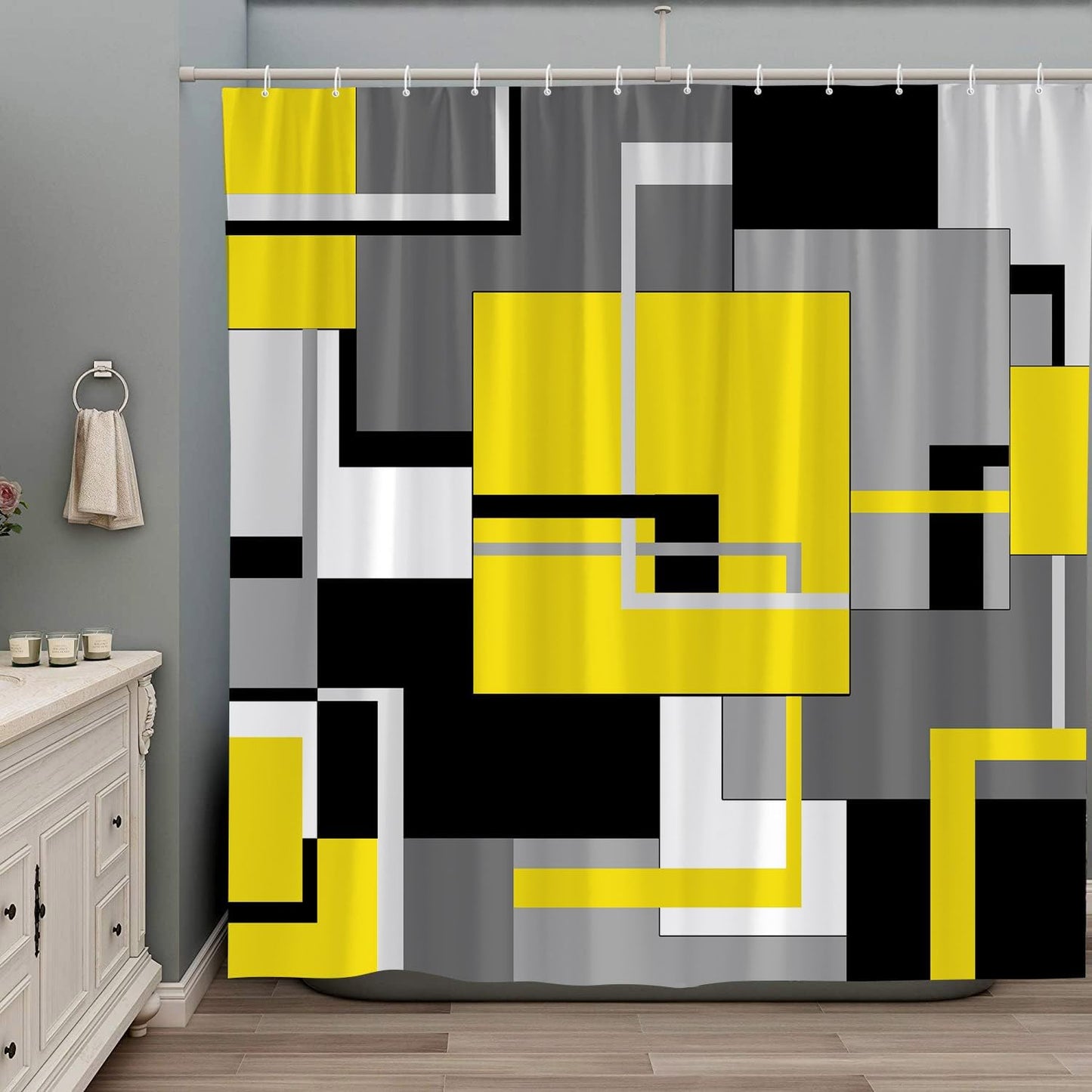 Yellow Shower Curtain Black White Gray Geometric Abstract Mid Century Modern Minimalist Fashion Home Fabric Bathroom Decor Set Include Hooks 47Wx70H Inch