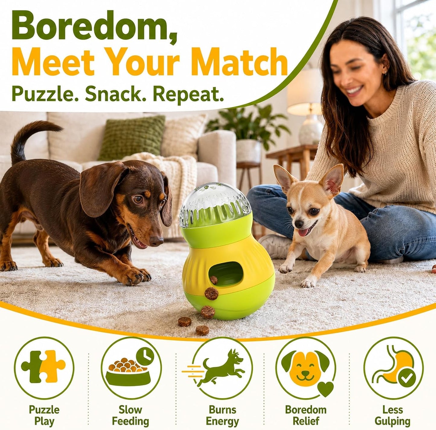 Dog Treat Dispensing Puzzle Toy Puppy Interactive Toys Slow Feeder | Adjustable Pet Food Dispenser Wobble Tumbler Toy Enrichment Ball for Small Dogs & Cats to Keep Them Busy Mental Stimulation