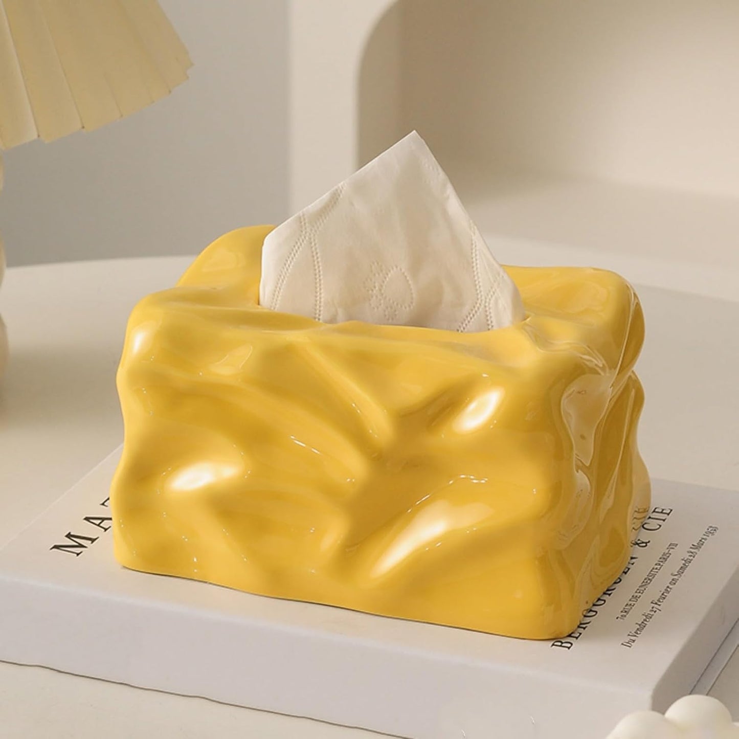 Ceramic Tissue Box Cover Modern Decorative Organizer for Facial Tissues Holder, Farmhouse Style Home Decor for Bathroom, Bedroom, Living Room & Office (Square Yellow)