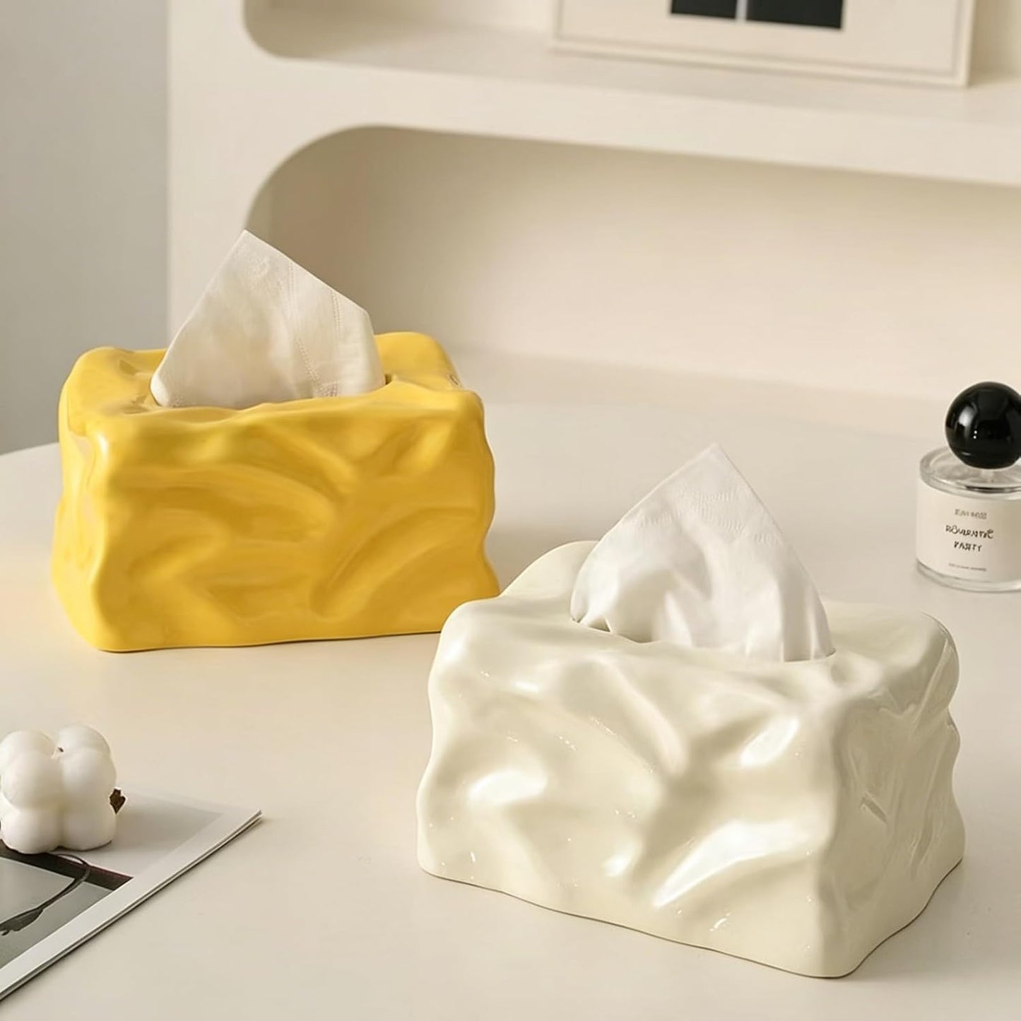 Ceramic Tissue Box Cover Modern Decorative Organizer for Facial Tissues Holder, Farmhouse Style Home Decor for Bathroom, Bedroom, Living Room & Office (Square Yellow)