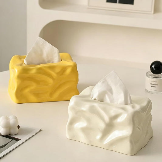 Ceramic Tissue Box Cover Modern Decorative Organizer for Facial Tissues Holder, Farmhouse Style Home Decor for Bathroom, Bedroom, Living Room & Office (Square Yellow)
