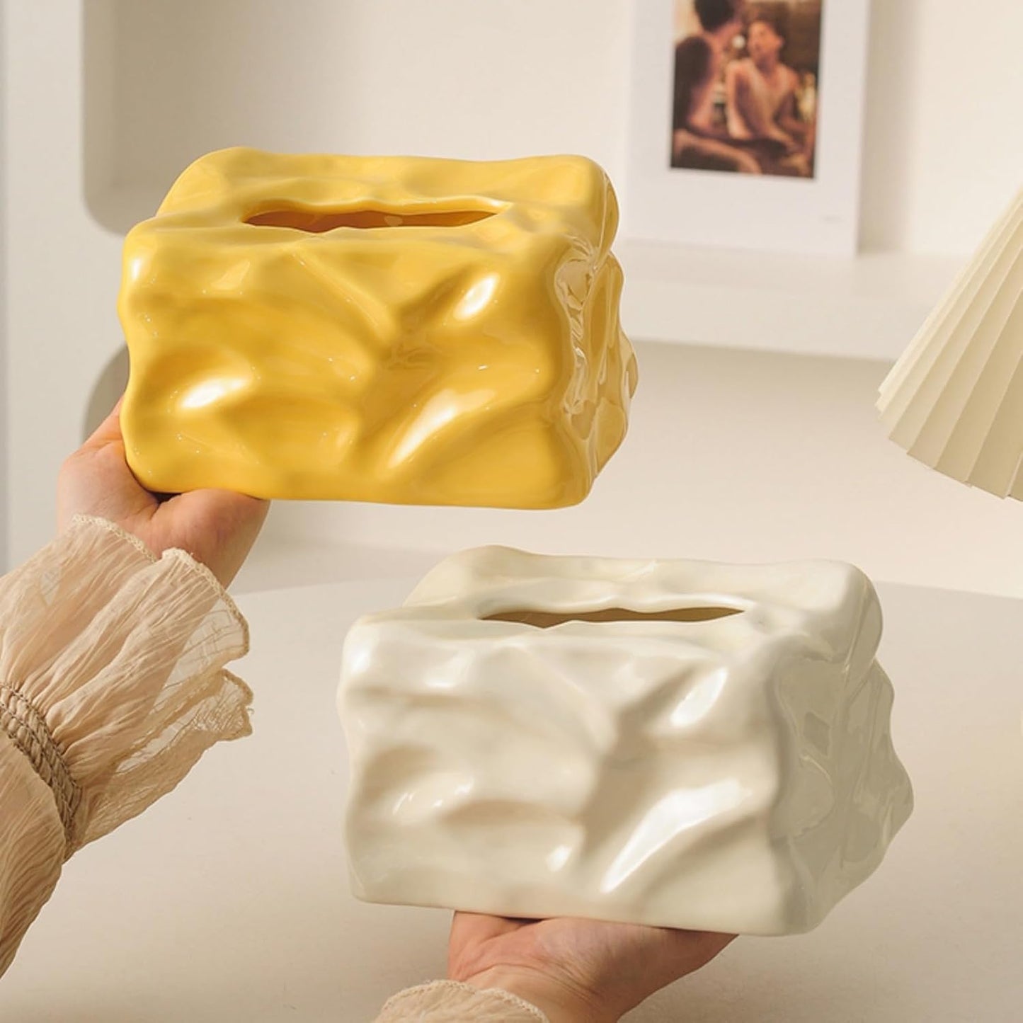 Ceramic Tissue Box Cover Modern Decorative Organizer for Facial Tissues Holder, Farmhouse Style Home Decor for Bathroom, Bedroom, Living Room & Office (Square Yellow)