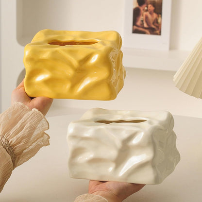 Ceramic Tissue Box Cover Modern Decorative Organizer for Facial Tissues Holder, Farmhouse Style Home Decor for Bathroom, Bedroom, Living Room & Office (Square Yellow)