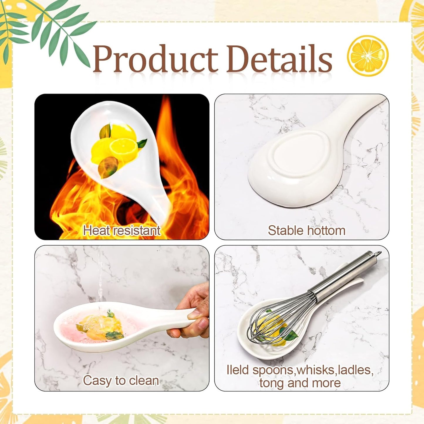 Lemon Spoon Rest for Stove Top, Ceramic Spoon Holder Kitchen Counter, Summer Kitchen Decoration Utensil Rest for Spoons Ladles Spatulas, Coffee Bar Accessories, Housewarming Gift for Home Cooks