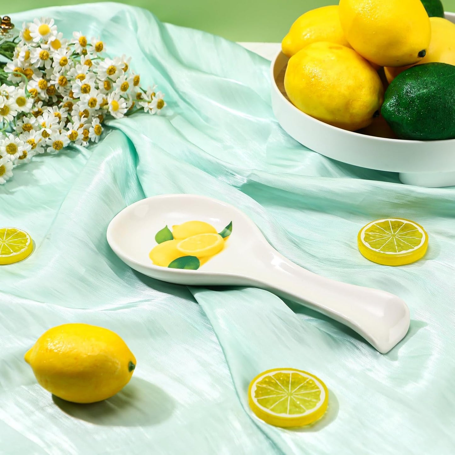 Lemon Spoon Rest for Stove Top, Ceramic Spoon Holder Kitchen Counter, Summer Kitchen Decoration Utensil Rest for Spoons Ladles Spatulas, Coffee Bar Accessories, Housewarming Gift for Home Cooks