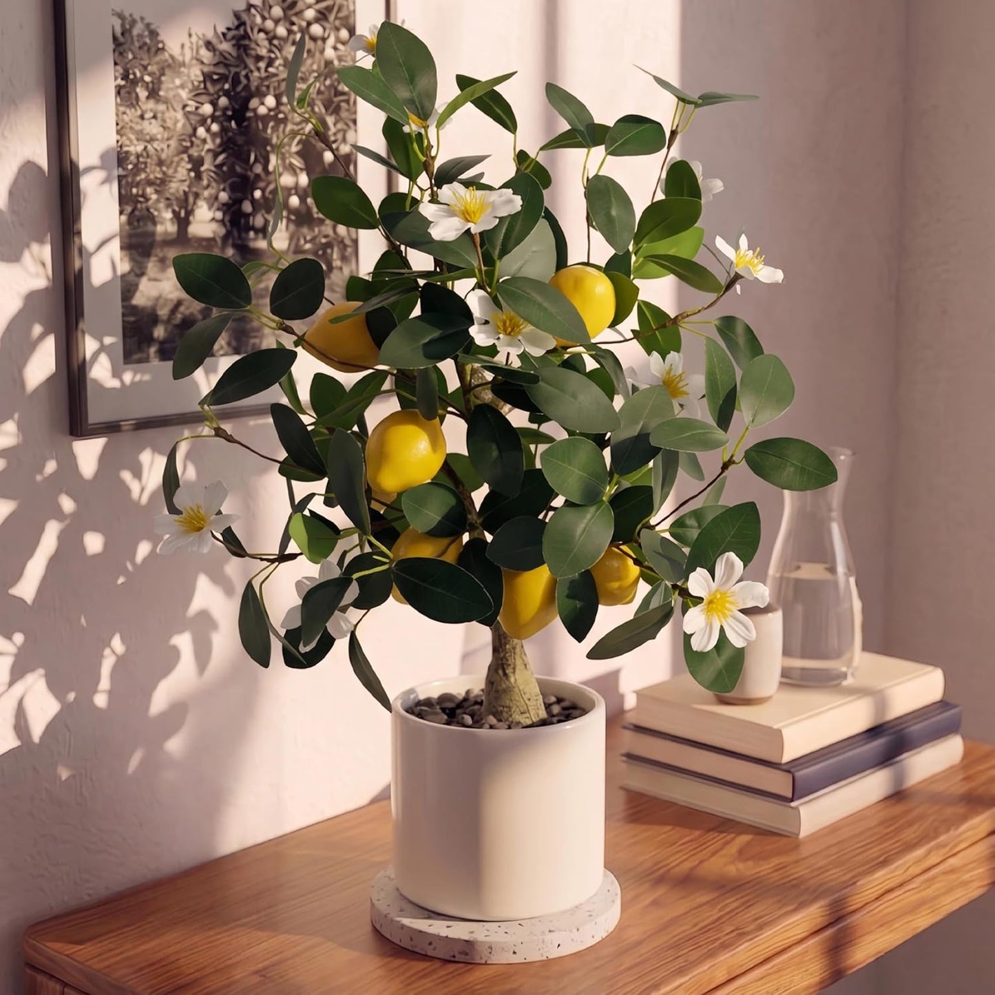 Artificial Lemon Tree Potted 20.5 Inch Fake Lemon Blossoms Tree White Pot | Faux Lemon Plant With 7 Yellow Lemons 13 White Flowers Fake Bonsai Citrus Treefor Custom Tabletop Home Office Kitchen Decor