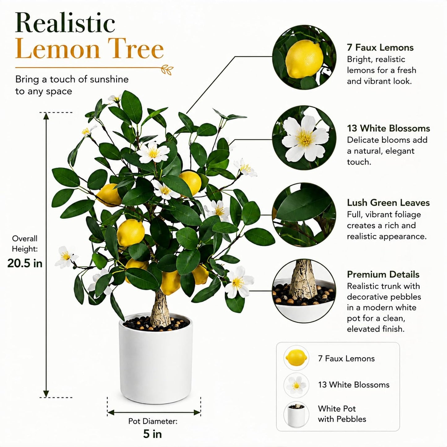 Artificial Lemon Tree Potted 20.5 Inch Fake Lemon Blossoms Tree White Pot | Faux Lemon Plant With 7 Yellow Lemons 13 White Flowers Fake Bonsai Citrus Treefor Custom Tabletop Home Office Kitchen Decor