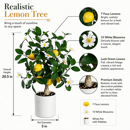 Artificial Lemon Tree Potted 20.5 Inch Fake Lemon Blossoms Tree White Pot | Faux Lemon Plant With 7 Yellow Lemons 13 White Flowers Fake Bonsai Citrus Treefor Custom Tabletop Home Office Kitchen Decor