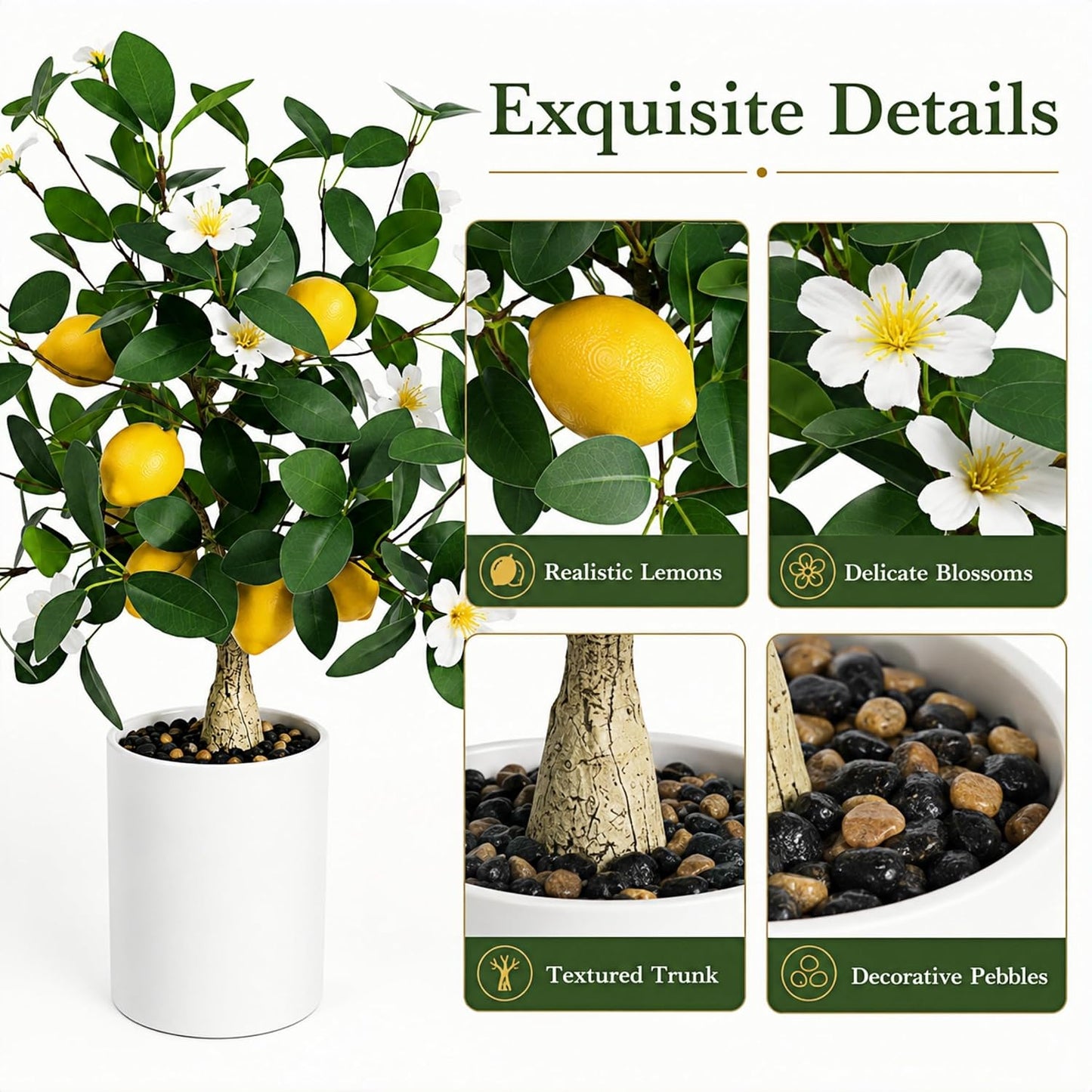 Artificial Lemon Tree Potted 20.5 Inch Fake Lemon Blossoms Tree White Pot | Faux Lemon Plant With 7 Yellow Lemons 13 White Flowers Fake Bonsai Citrus Treefor Custom Tabletop Home Office Kitchen Decor