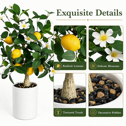 Artificial Lemon Tree Potted 20.5 Inch Fake Lemon Blossoms Tree White Pot | Faux Lemon Plant With 7 Yellow Lemons 13 White Flowers Fake Bonsai Citrus Treefor Custom Tabletop Home Office Kitchen Decor