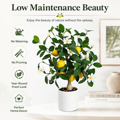 Artificial Lemon Tree Potted 20.5 Inch Fake Lemon Blossoms Tree White Pot | Faux Lemon Plant With 7 Yellow Lemons 13 White Flowers Fake Bonsai Citrus Treefor Custom Tabletop Home Office Kitchen Decor