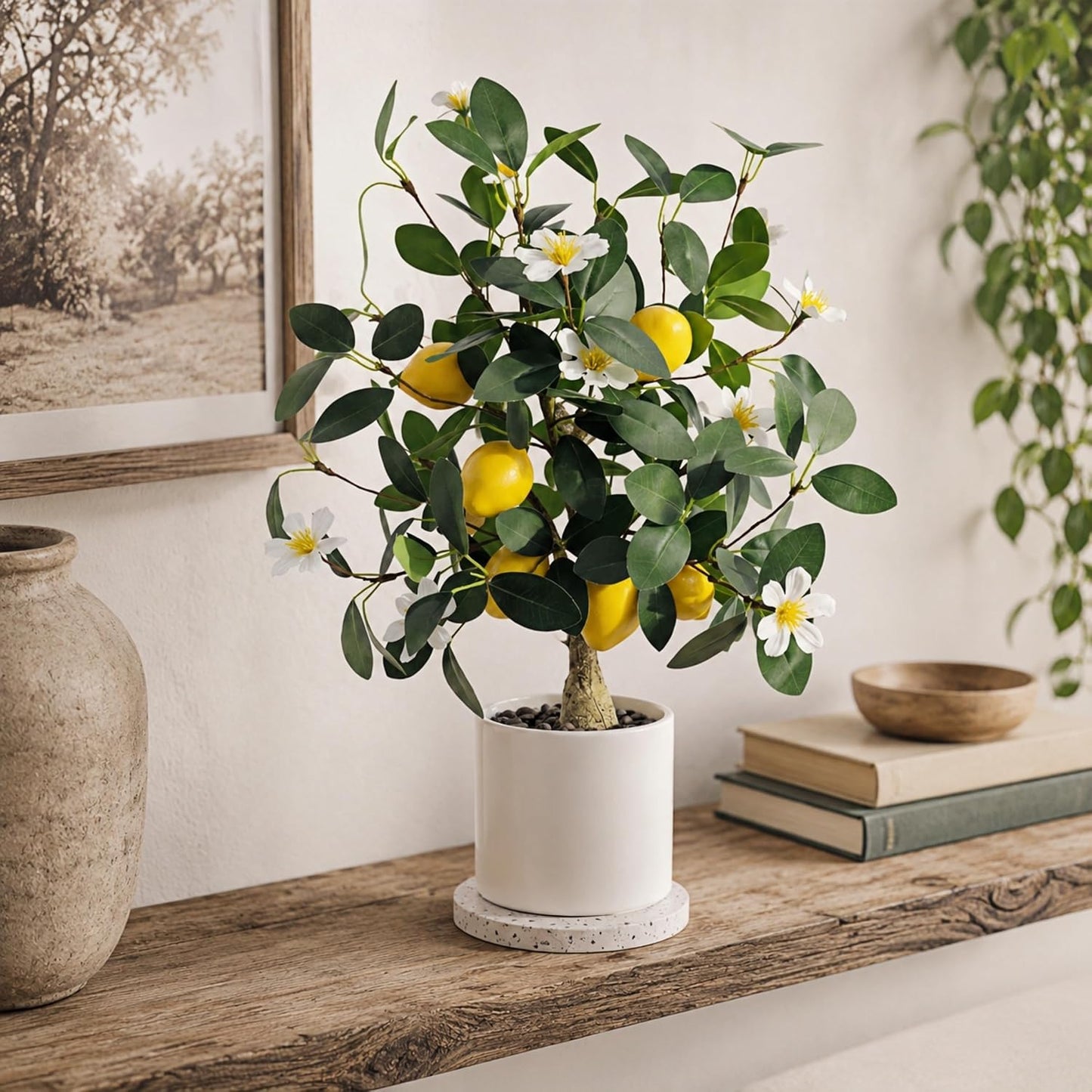 Artificial Lemon Tree Potted 20.5 Inch Fake Lemon Blossoms Tree White Pot | Faux Lemon Plant With 7 Yellow Lemons 13 White Flowers Fake Bonsai Citrus Treefor Custom Tabletop Home Office Kitchen Decor
