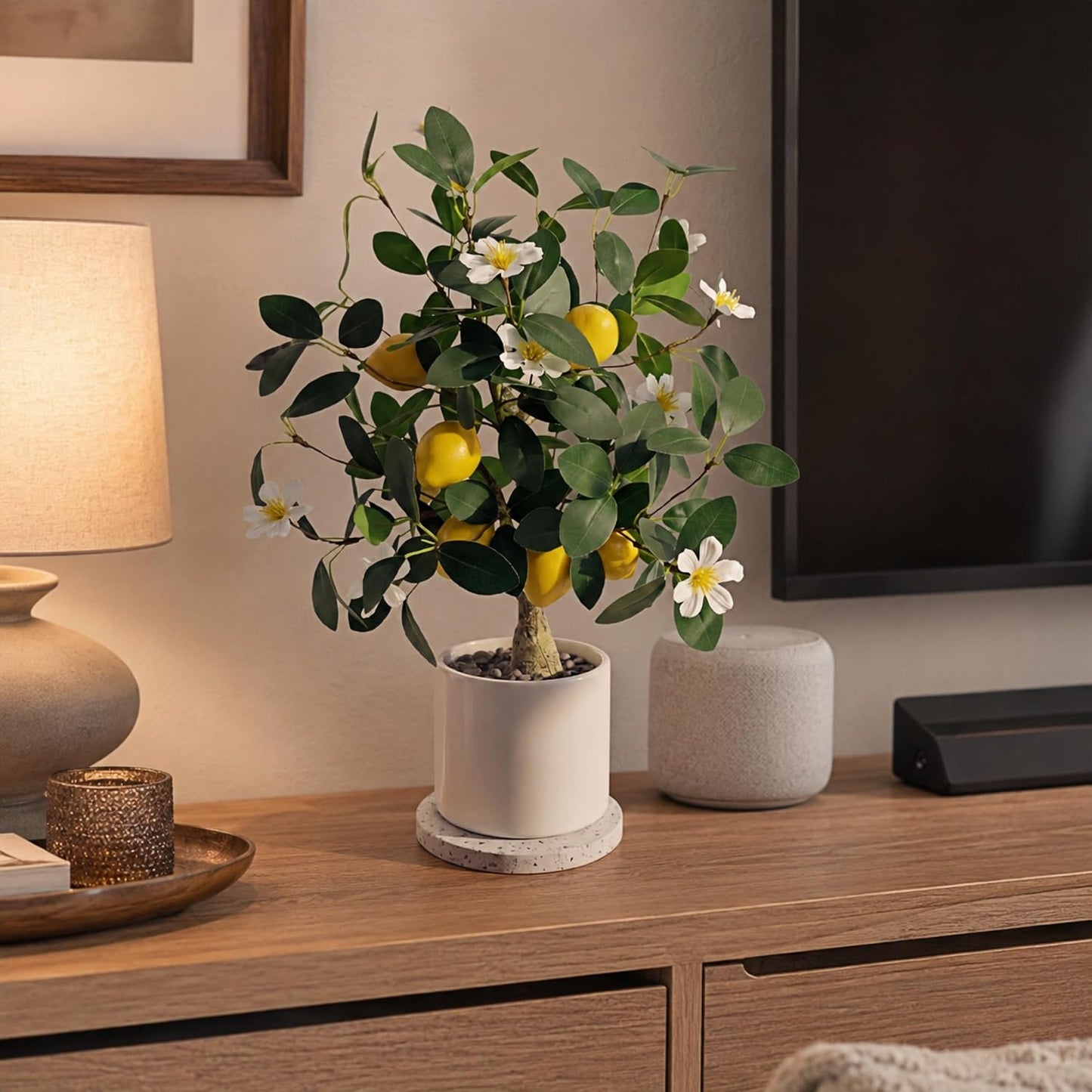 Artificial Lemon Tree Potted 20.5 Inch Fake Lemon Blossoms Tree White Pot | Faux Lemon Plant With 7 Yellow Lemons 13 White Flowers Fake Bonsai Citrus Treefor Custom Tabletop Home Office Kitchen Decor