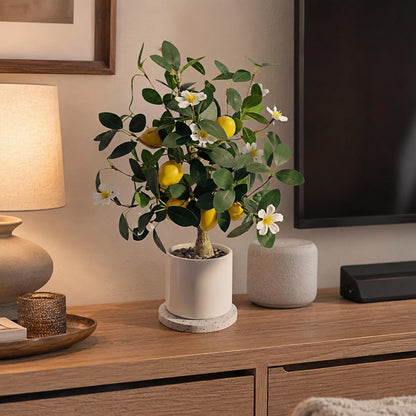 Artificial Lemon Tree Potted 20.5 Inch Fake Lemon Blossoms Tree White Pot | Faux Lemon Plant With 7 Yellow Lemons 13 White Flowers Fake Bonsai Citrus Treefor Custom Tabletop Home Office Kitchen Decor