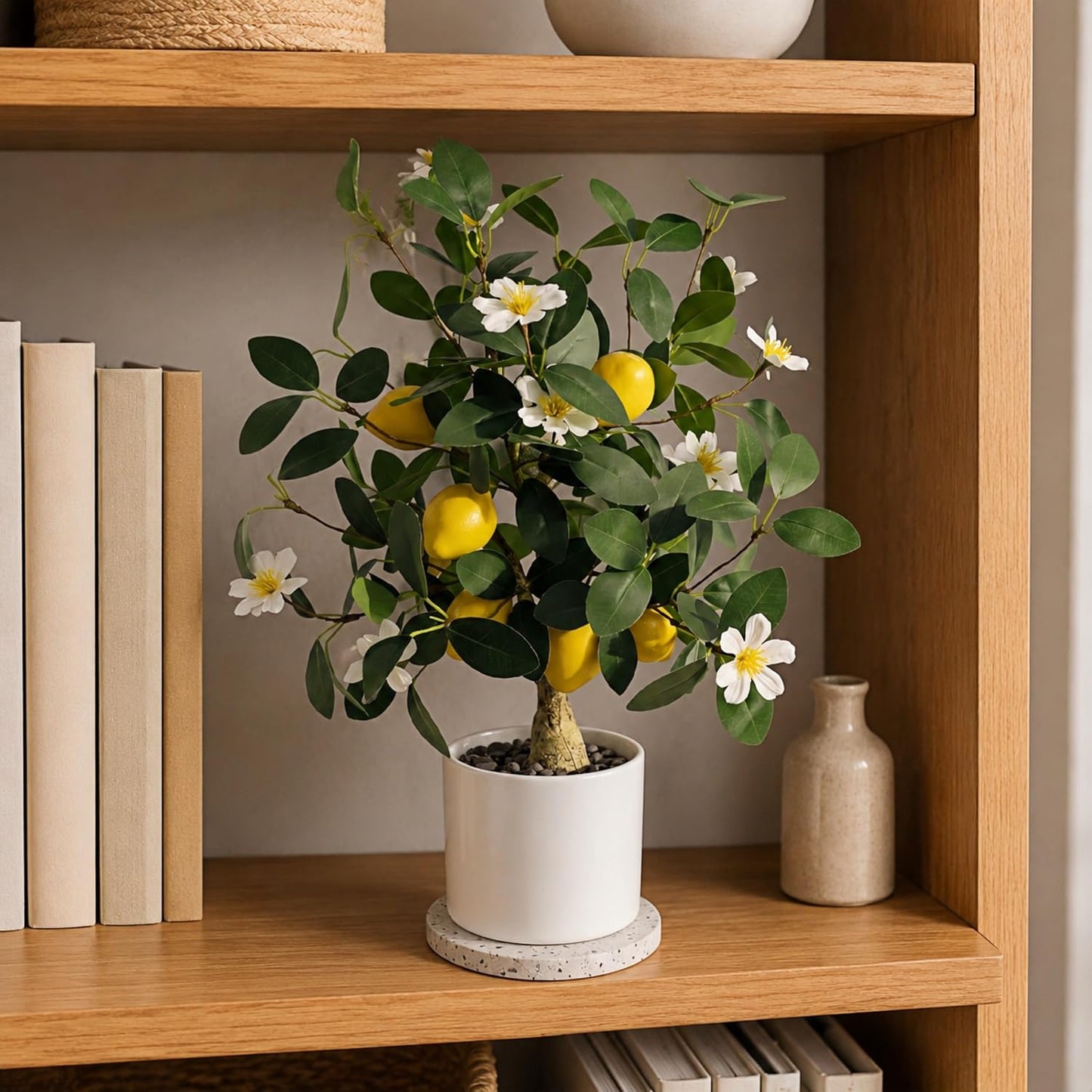 Artificial Lemon Tree Potted 20.5 Inch Fake Lemon Blossoms Tree White Pot | Faux Lemon Plant With 7 Yellow Lemons 13 White Flowers Fake Bonsai Citrus Treefor Custom Tabletop Home Office Kitchen Decor