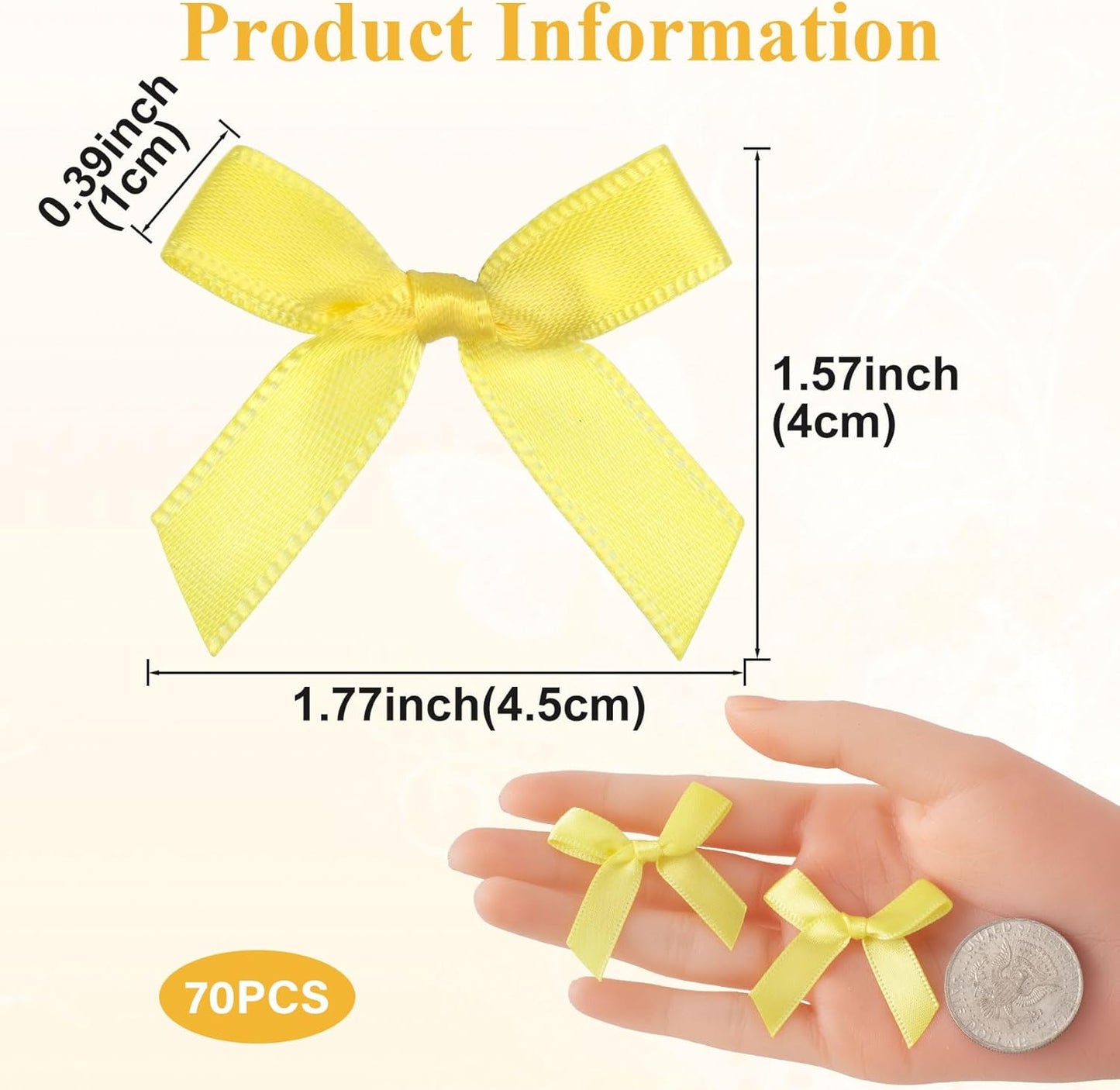 70pcs Mini Ribbon Bows for Craft, Small Satin Ribbon Bow, Soft Bowknot Sewing Accessories for Flowers Bakery Gift Wrapping Christmas Wedding Birthday Party Decoration- Yellow
