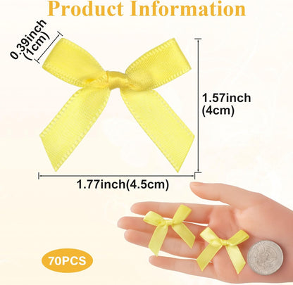 70pcs Mini Ribbon Bows for Craft, Small Satin Ribbon Bow, Soft Bowknot Sewing Accessories for Flowers Bakery Gift Wrapping Christmas Wedding Birthday Party Decoration- Yellow
