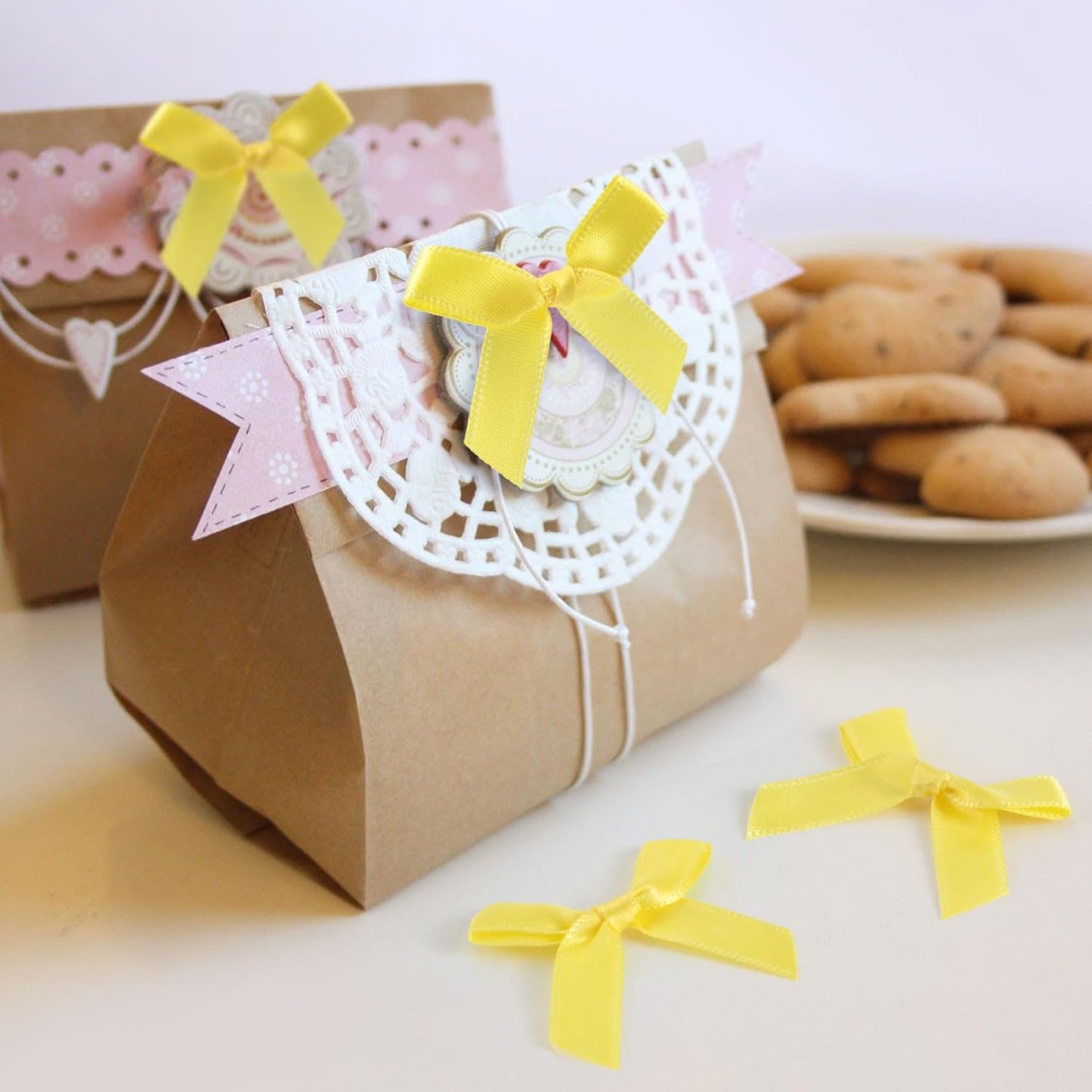 70pcs Mini Ribbon Bows for Craft, Small Satin Ribbon Bow, Soft Bowknot Sewing Accessories for Flowers Bakery Gift Wrapping Christmas Wedding Birthday Party Decoration- Yellow