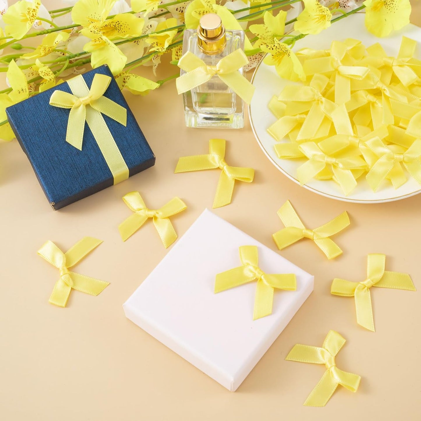 70pcs Mini Ribbon Bows for Craft, Small Satin Ribbon Bow, Soft Bowknot Sewing Accessories for Flowers Bakery Gift Wrapping Christmas Wedding Birthday Party Decoration- Yellow