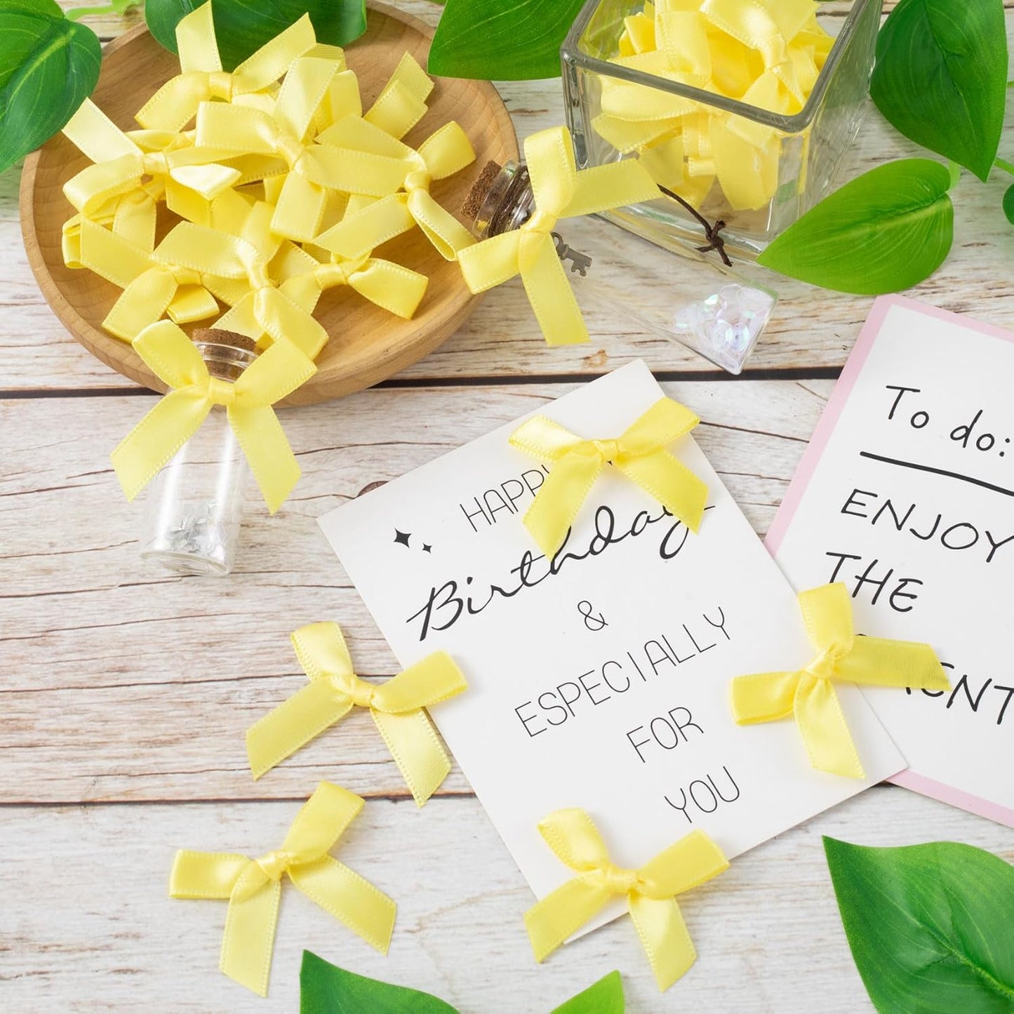 70pcs Mini Ribbon Bows for Craft, Small Satin Ribbon Bow, Soft Bowknot Sewing Accessories for Flowers Bakery Gift Wrapping Christmas Wedding Birthday Party Decoration- Yellow