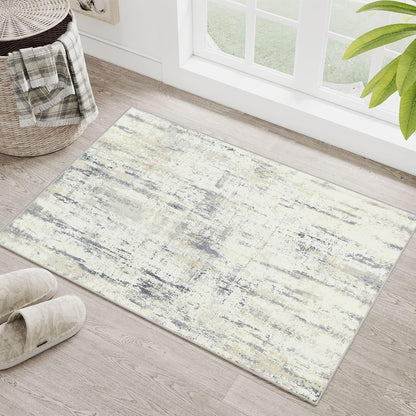 2x3 Washable Rug Small Area Rugs Non Slip Low Pile Modern Abstract | Throw Carpet for Bathroom Entryway Entry Entrance Bedroom Bedside Kitchen Floor Indoor Neutral Grey and Pale Yellow