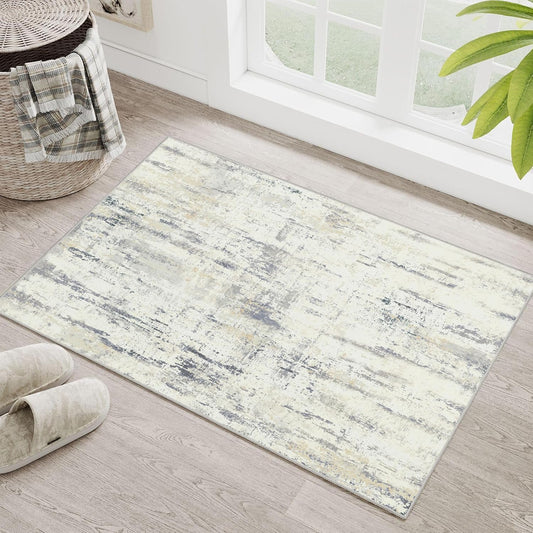 2x3 Washable Rug Small Area Rugs Non Slip Low Pile Modern Abstract | Throw Carpet for Bathroom Entryway Entry Entrance Bedroom Bedside Kitchen Floor Indoor Neutral Grey and Pale Yellow