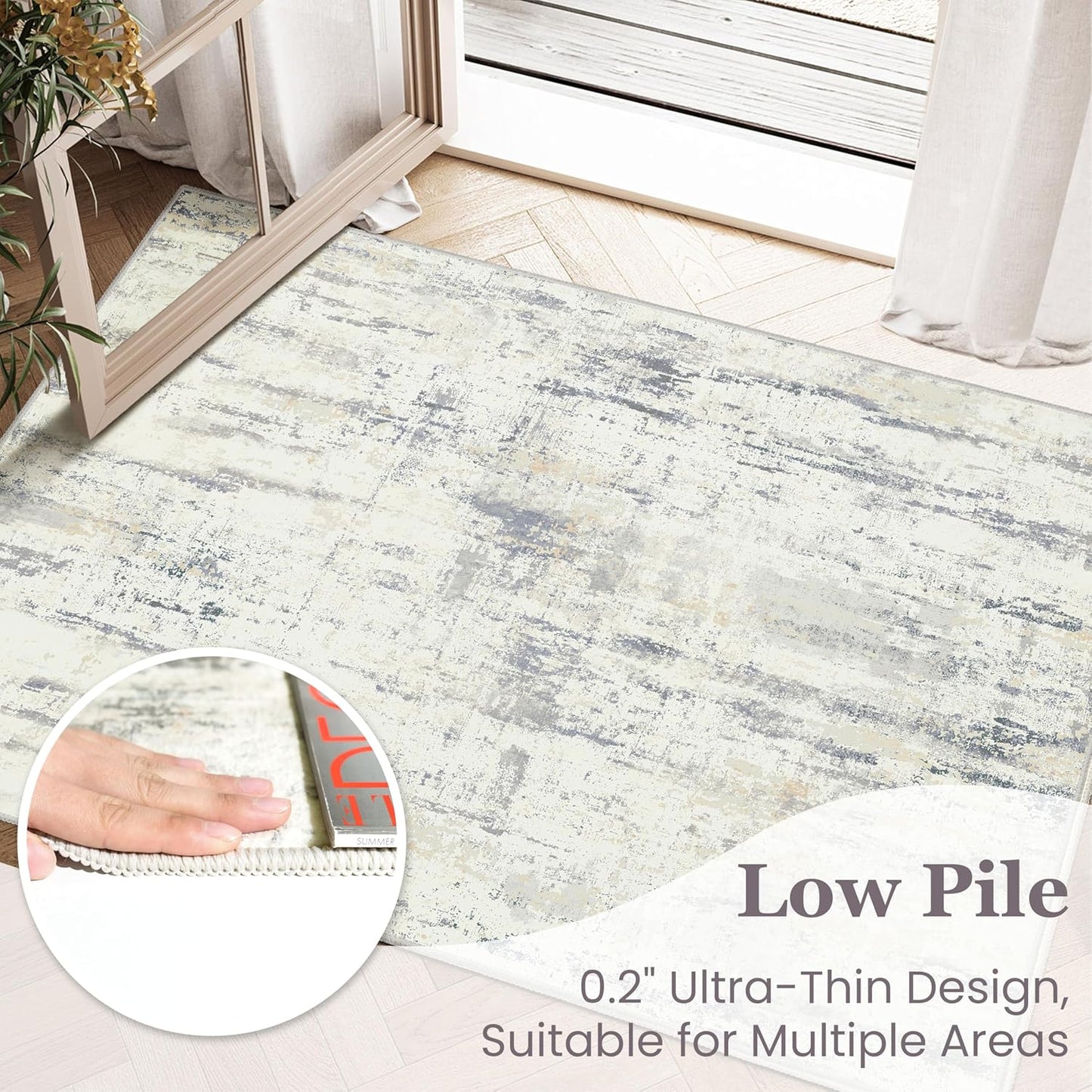 2x3 Washable Rug Small Area Rugs Non Slip Low Pile Modern Abstract | Throw Carpet for Bathroom Entryway Entry Entrance Bedroom Bedside Kitchen Floor Indoor Neutral Grey and Pale Yellow